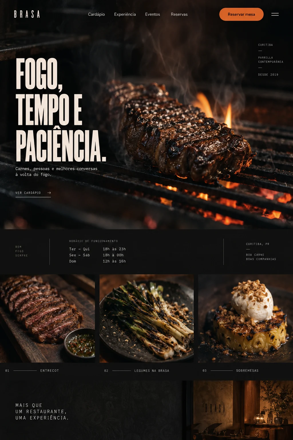 Página inicial escura do restaurante Brasa com carne na grelha e brasas
