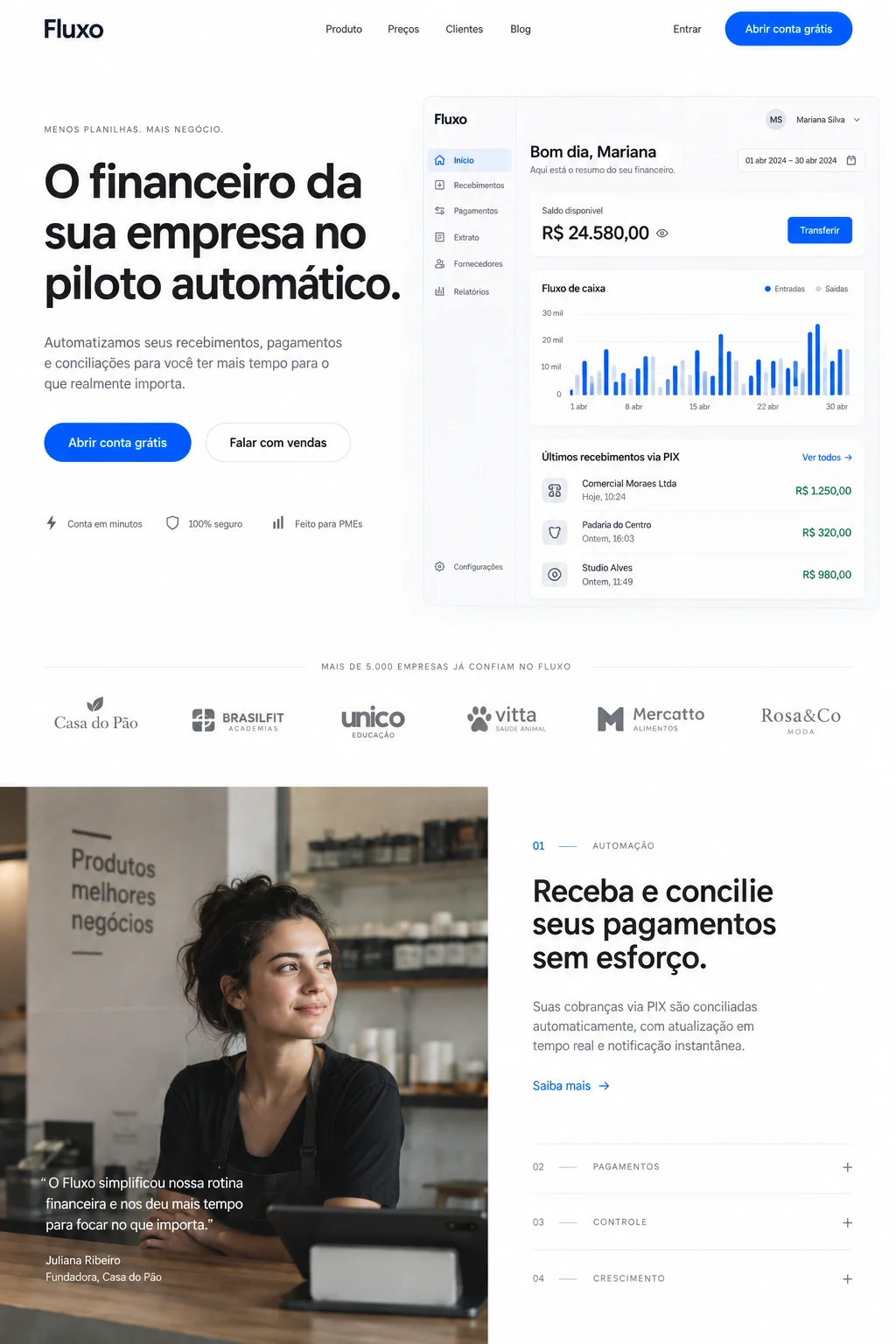 Landing page da fintech Fluxo com painel de fluxo de caixa