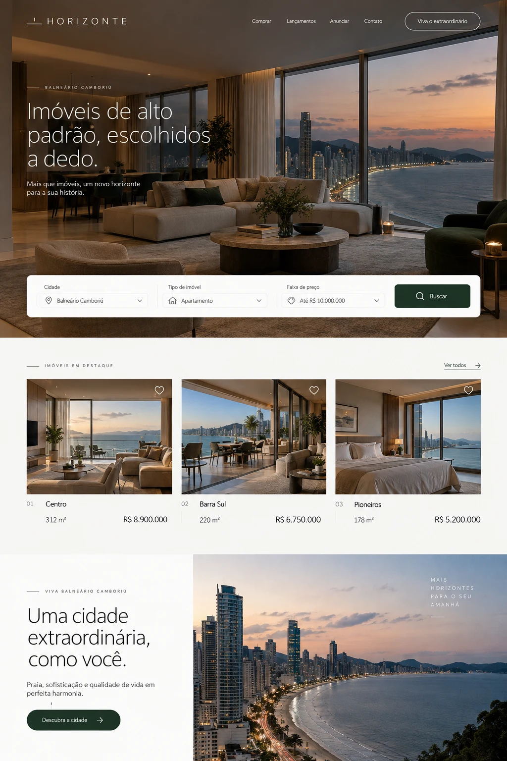 Página inicial da imobiliária Horizonte com sala de apartamento com vista para o mar