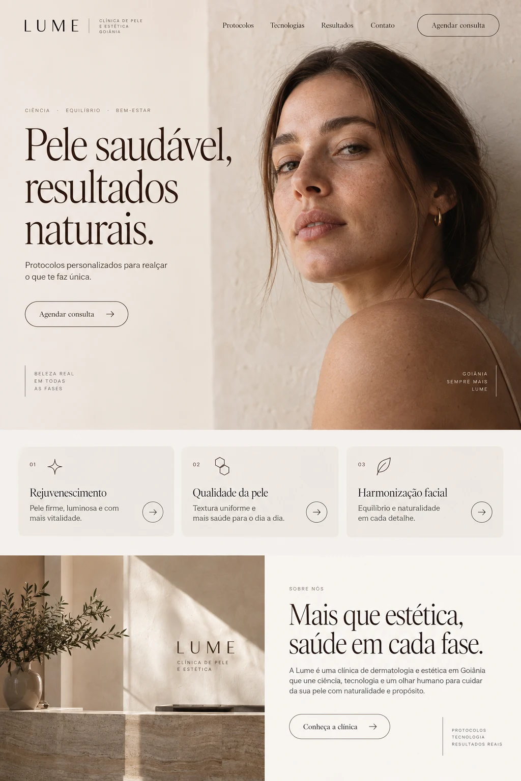 Página inicial da clínica Lume com retrato de mulher em fundo claro