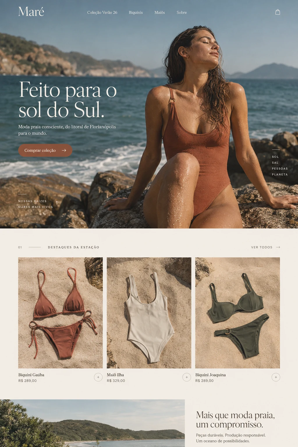Loja virtual da marca Maré com modelo de maiô terracota à beira-mar